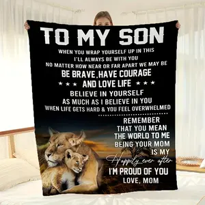 Lion Print Flannel Blanket For Son - Cozy All-Season Throw With Inspirational Message, Perfect Birthday Gift From Mom, Ideal For Sofa, Bed, Or Travel summervibes