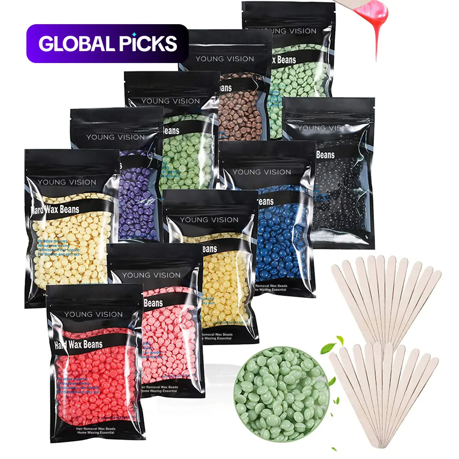 Hard Wax Beads for Hair Removal, 10-Piece Set 10 Colors with Stick, Wax Pearls & Wax Beans for Bikini, Facial & Underarm, At-Home Body Waxing Kit, Gift #GLOBAL PICKS