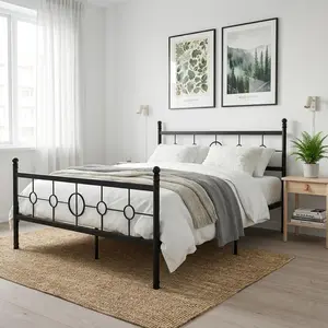 Garvee Queen Size Metal Bed Frame with Vintage Circular Headboard and Footboard, Heavy-Duty Iron Platform Bed, No Box Spring Needed, Noise-Free Design, Easy Assembly, Black