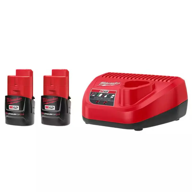 Milwaukee M12 12V Lithium-Ion Compact 2.0 Ah Battery Pack 2-Pack Starter Kit with Charger REDLINK Intelligence All-Weather Performance Power Tools