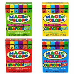 Magic Colors Bubble Gum Crayons Assorted Fruit Flavors 4 Pack Snack Candy with Fun Stickers for Party Favors Classroom Rewards Sweet Bonbon Treats