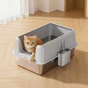 Stainless Steel Cat Litter Box with Lid & Scoop – Non-Stick, Leak-Proof, Splash-Proof Side Opening – Easy Clean, Durable 8'' Deep Metal Pan – 60×40×35.5cm
