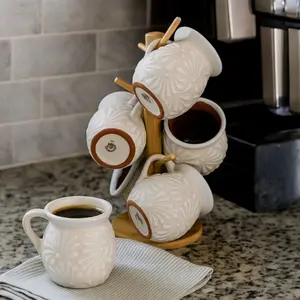 Handcrafted Talavera Mug (Set of 6) With Stand | White Color