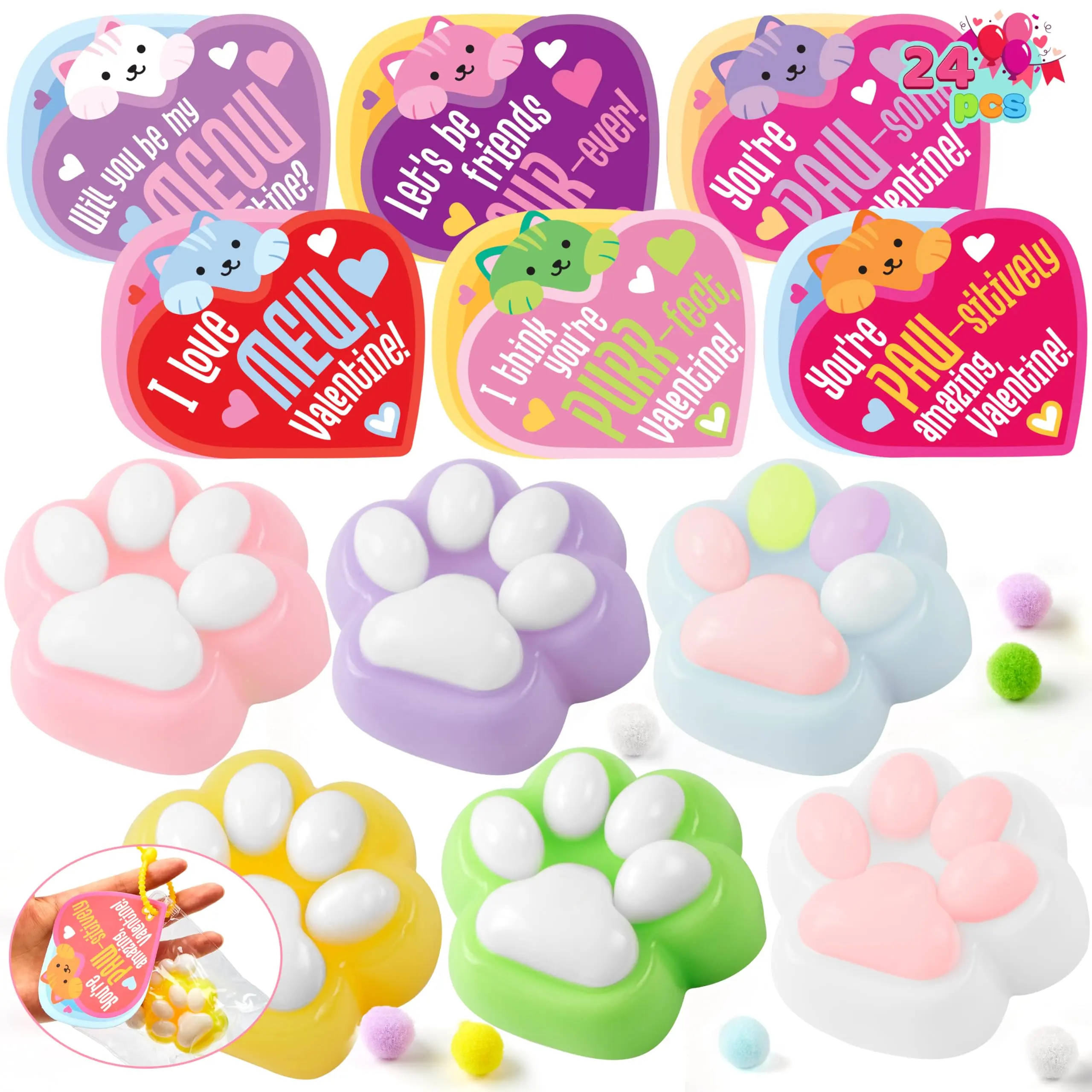 JOYIN Valentine's Day 2" Cat Paw Fidget Toys 24 PCS with Cards Mochi Toys for School Classroom Exchange Gifts Party Favors Stress Balls Keychain for Kids Boys Girls