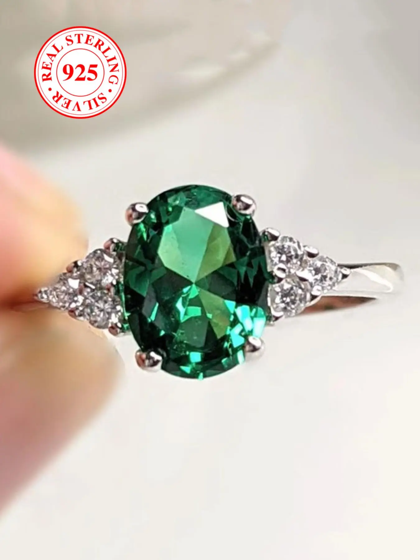 S925 Sterling Silver Oval Shaped Green Artificial Zircon Decor Ring, Beautiful Rings, Elegant Bridal Engagement Ring for Women, Trendy All-match & Exquisite Jewelry for Birthday Gift
