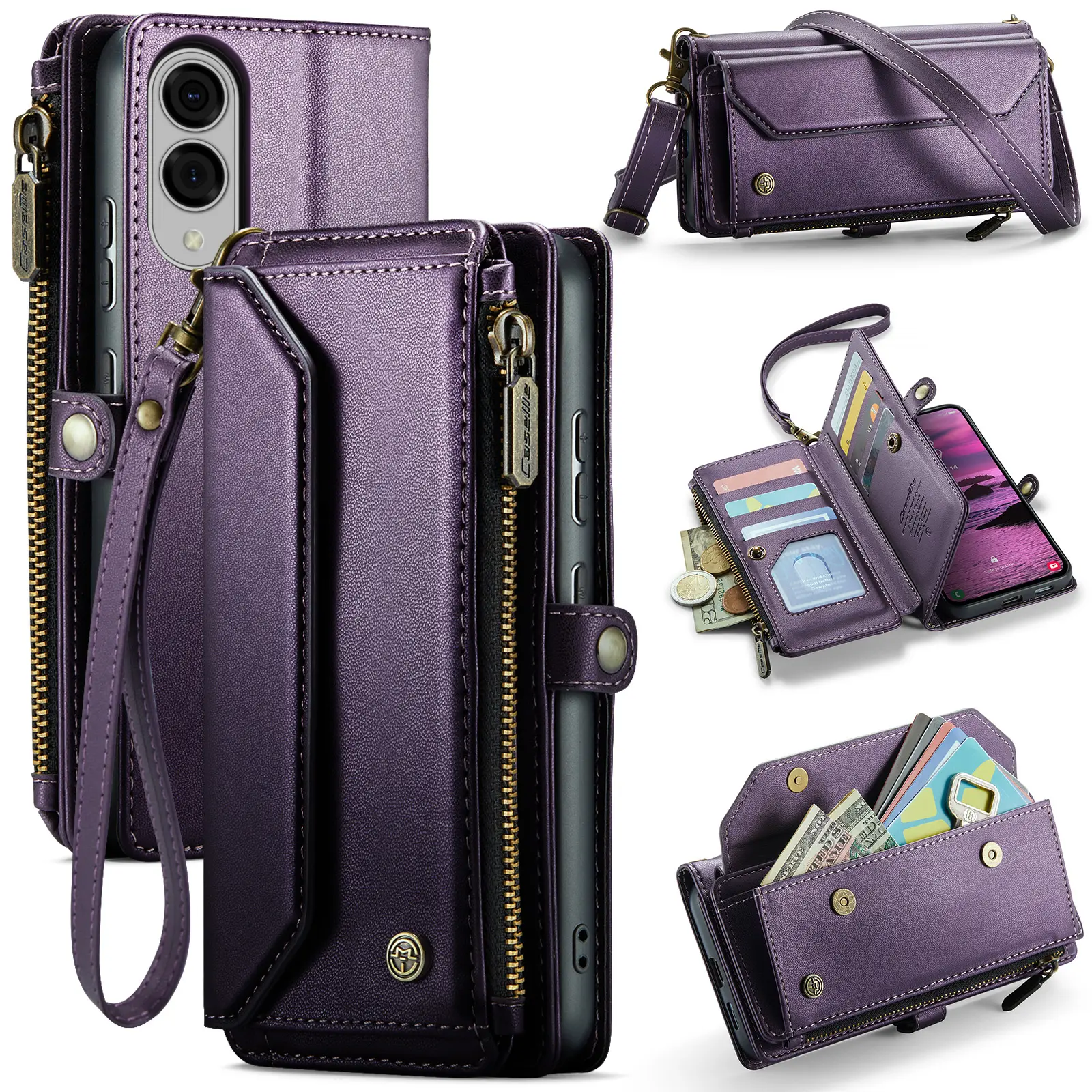 Crossbody for Samsung Galaxy S25 Edge Case Wallet【RFID Blocking】 with 10-Card Holder Zipper Bills Slot, Soft Magnetic Flip Wristlet Shoulder Strap Wallet Case for Women