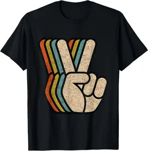 100% Cotton Retro Peace Sign V Fingers Vintage 60s 70s 80s Cool Graphic T-Shirt