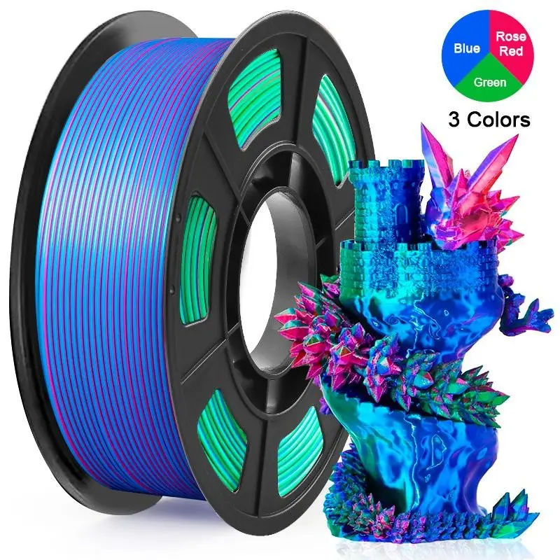 Silk PLA 3D Printer Filament Triple Color Silk PLA Filament 1.75mm 3D Printing Filament Fit Most FDM Printers, 250g/1kg Spool(0.55/2.2lbs), 3 in 1 Color Rose Red Blue Green