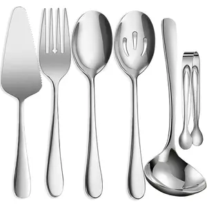 6 count Stainless Steel Serving Utensils, Large Serving Spoons Slotted Spoons, Forks, Ice Suger Tongs, Cake Server, Soup Ladle, Metal Utensils Set  for Buffet Catering Banquet Party,