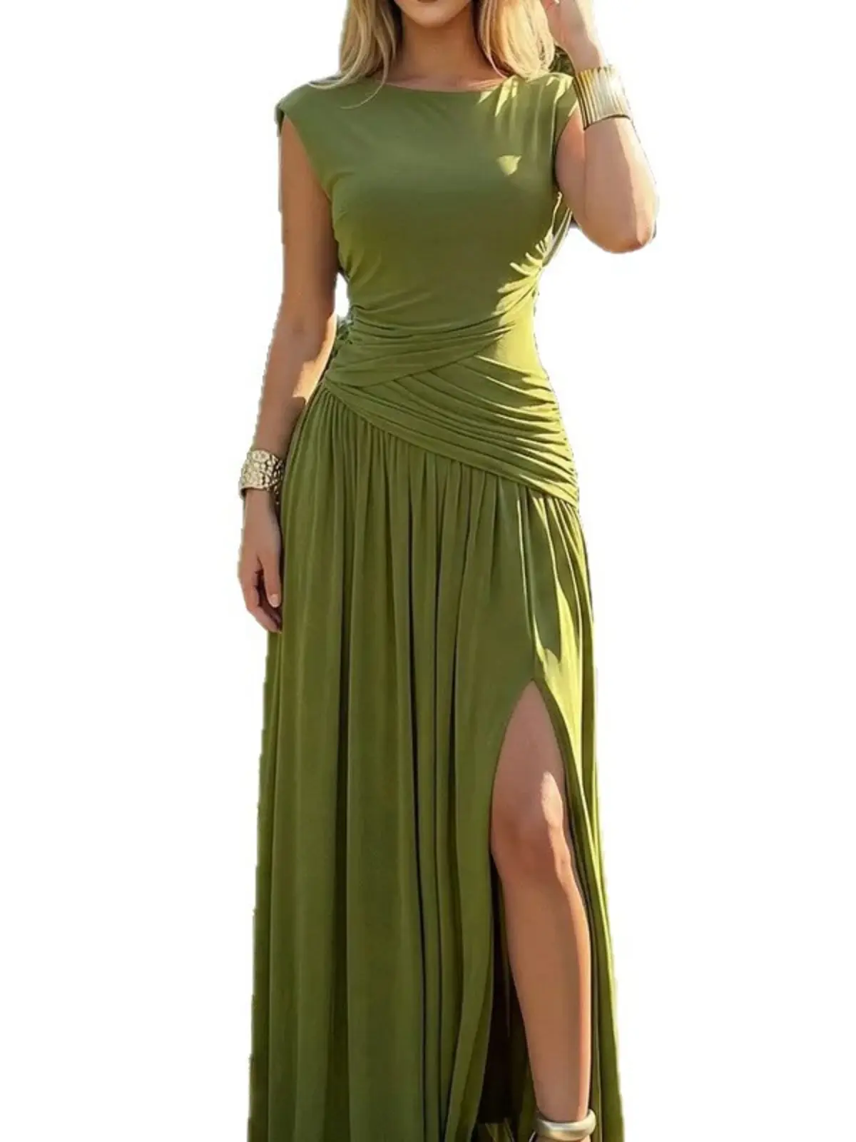 Women's Solid Jersey Maxi Dress with Convertible Cowl Neck, Ruched Waist, and High Thigh Slit for Cocktail Events
