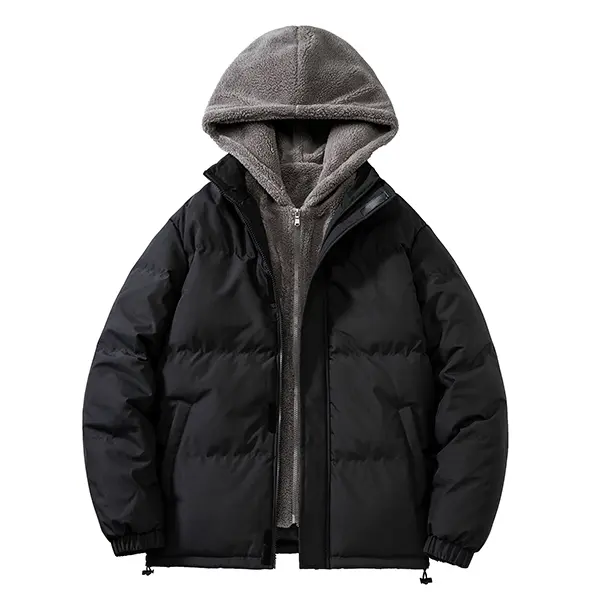 Men's Puffer Jackets, Quilted Long Sleeve Winter Coats with Removable Fleece Hood for Casual Menswear, Tops, Plain