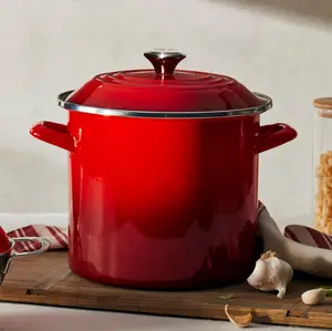 Le Creuset Enameled-Steel Stock Pot 10-Qt Blue with Gold Trim Dishwasher Safe Ideal for Cooking Enameled Steel & Stainless-Steel Knob
