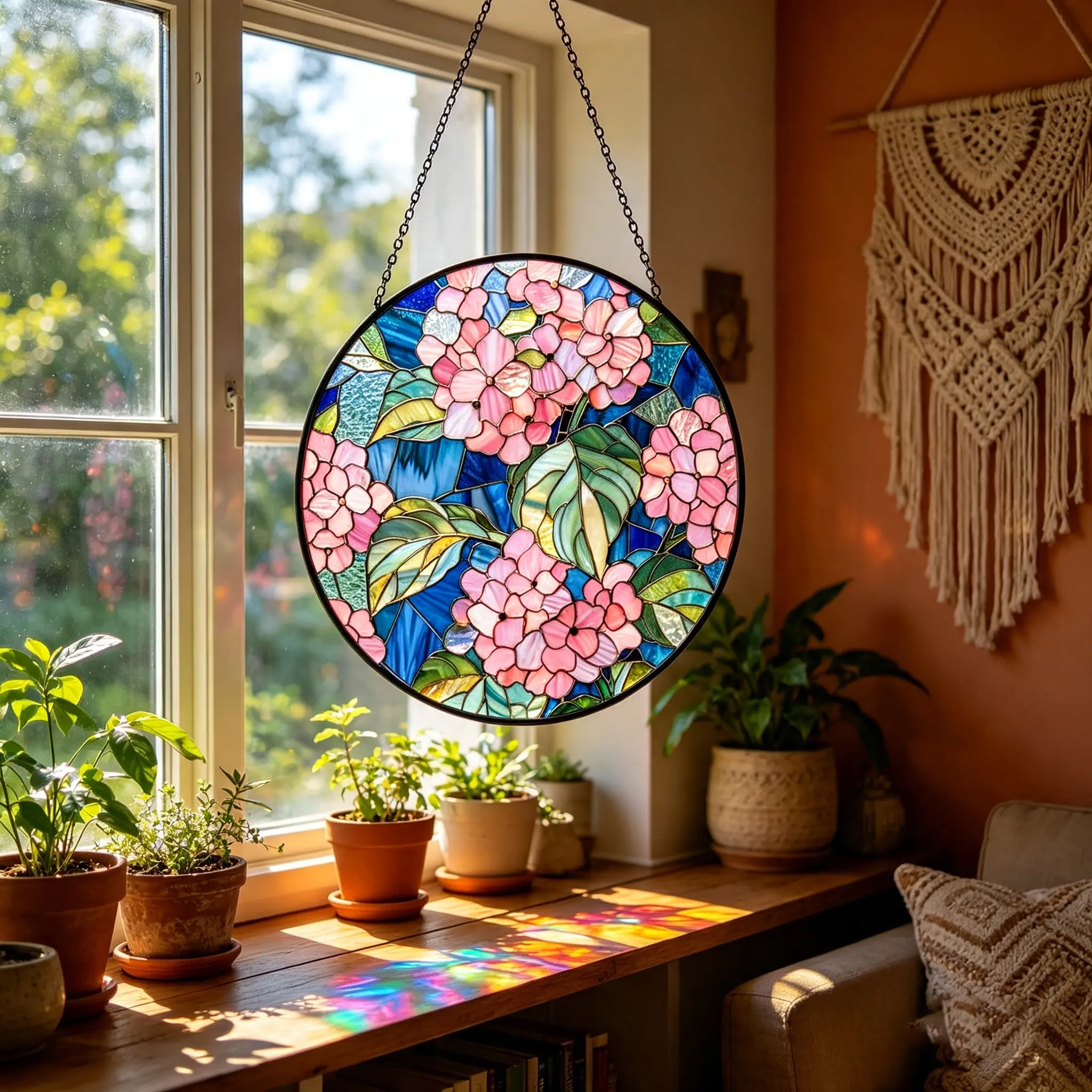 Pink Hydrangea Stained Glass Window Hanging, Floral Mosaic Suncatcher, Botanical Flower Wall Art, Spring Home Decor Gift