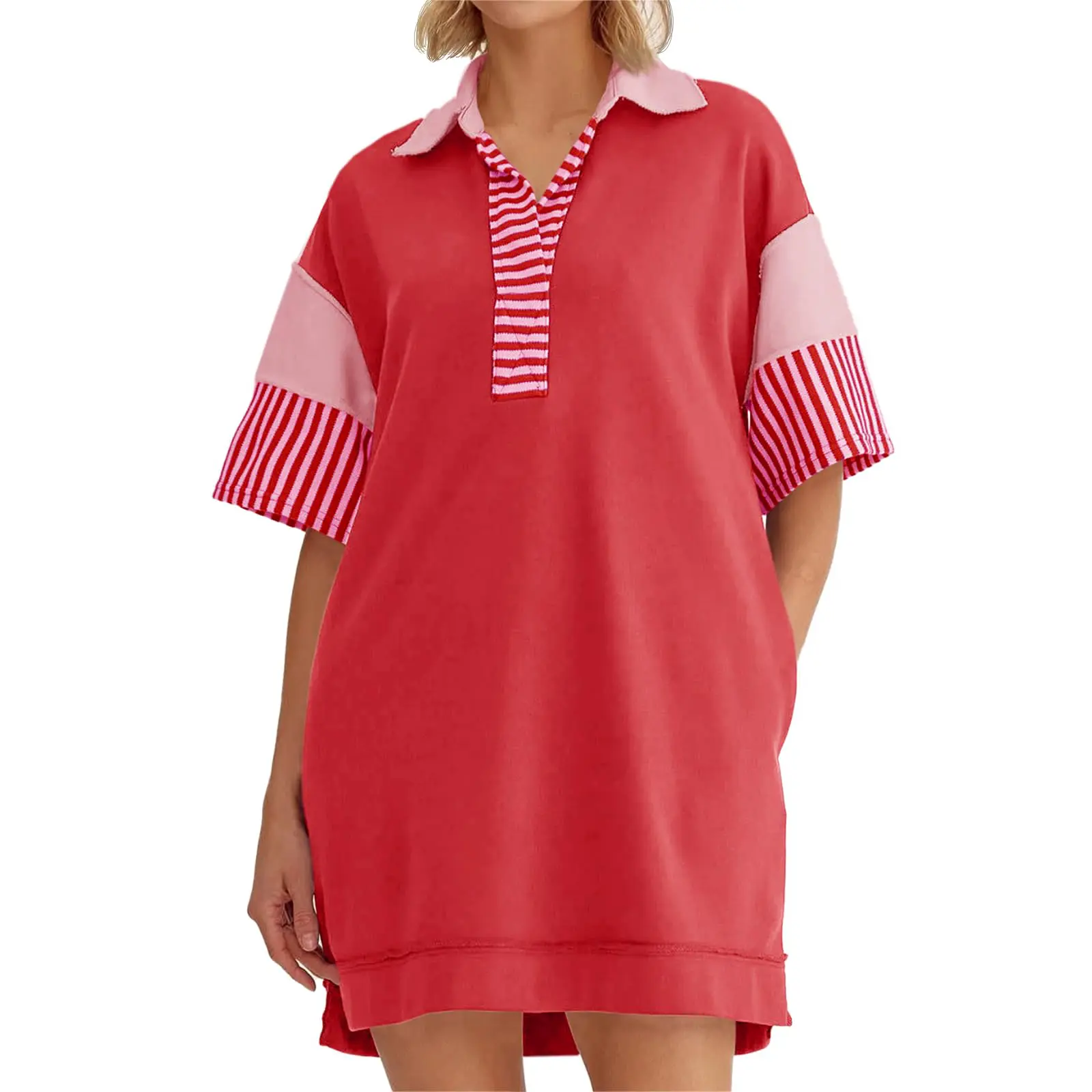 Wenrine Women's Polo V Neck T Shirt Dress Casual Summer Oversized Color Block Short Sleeve Sweatshirt Mini Dresses