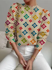 Women's Geometric Floral Colorblock Fitted Sweater, Casual Long Sleeve Knit Top, Fall Winter Warm Clothing, Comfortable Everyday Wear Knitwear