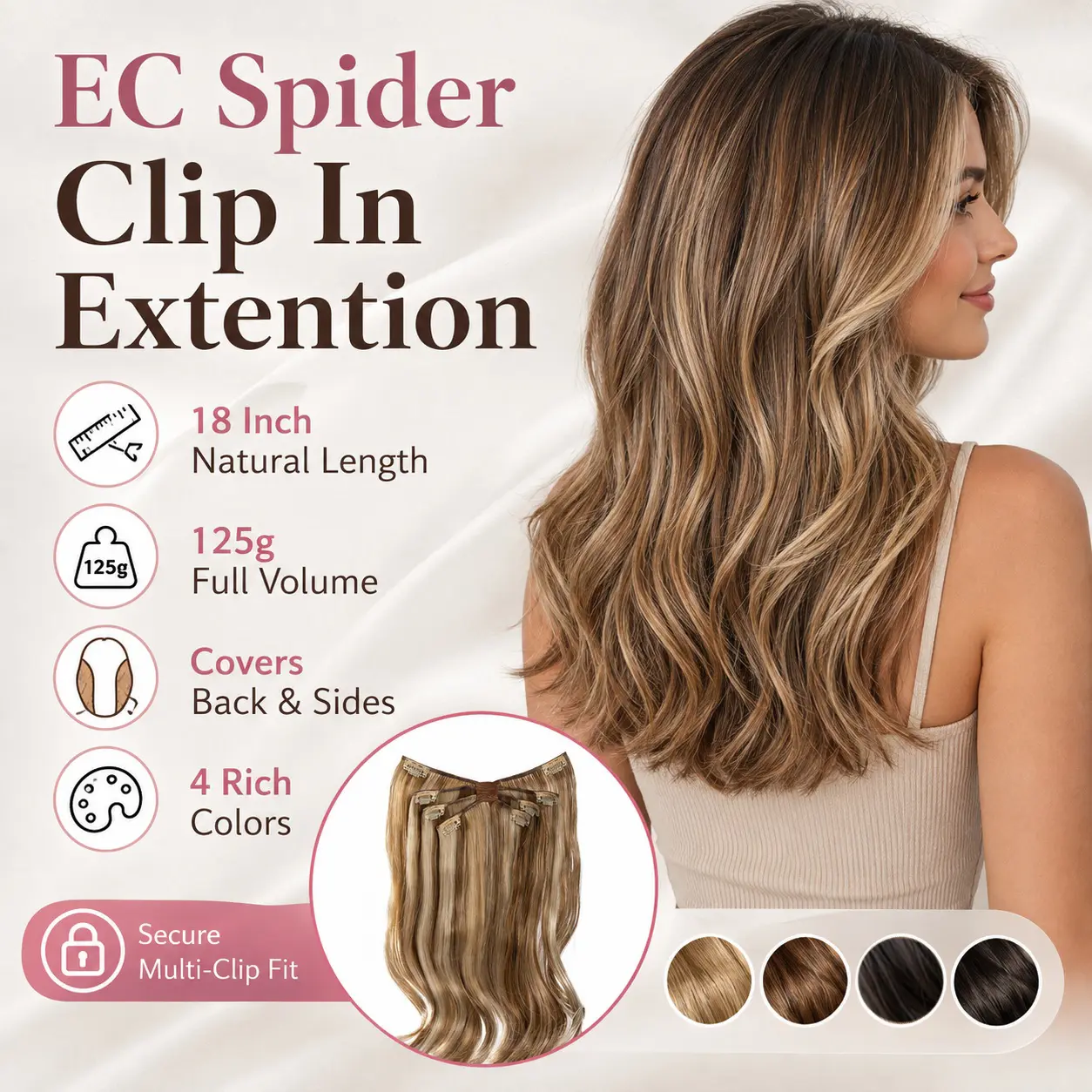 EC 18in 125g Spider Multi-Clip Hair Extension for Women, Wide Coverage Clip-In Volumizing Hairpiece for Thin Hair, Back & Sides Volume, Natural-Looking Blend, Fullness and Length