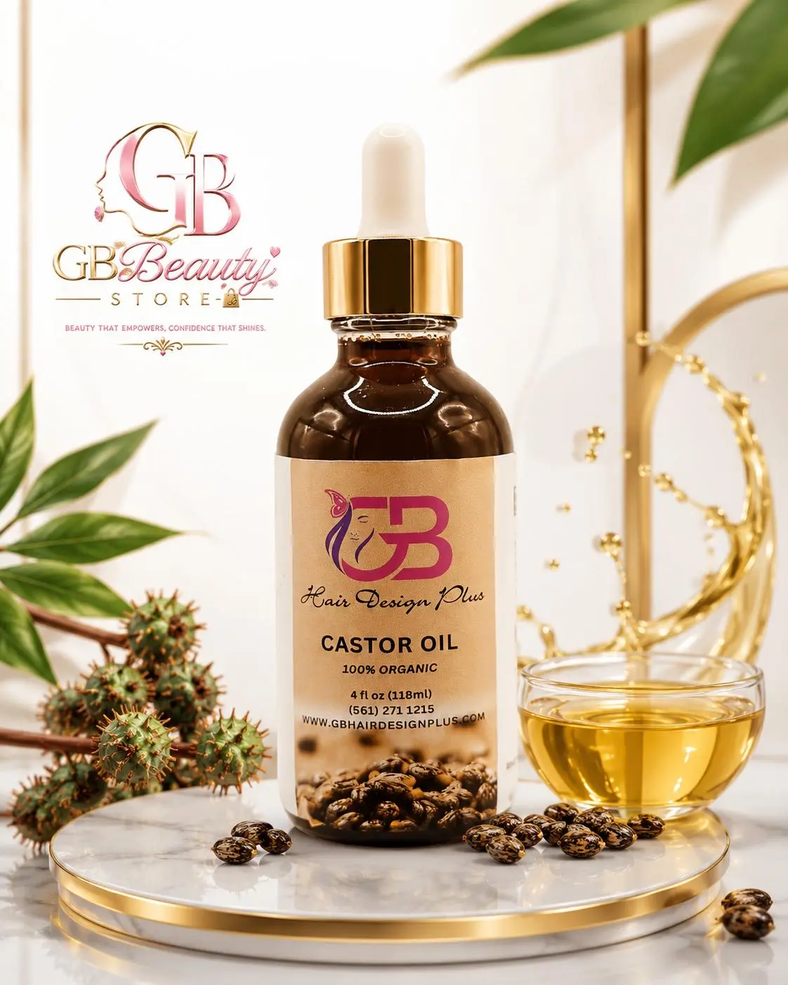 GB Beauty Hair Design Plus Castor Oil - 4 oz Hair Serum for Haircare & Styling