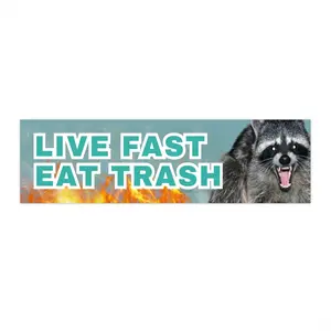 Live Fast, Eat Trash Racoon Bumper Sticker or Magnet Premium Weatherproof Vinyl 8.5 x 2.5 - Frog Mustard Stickers Decor Decorative Waterproof Ornaments Tiles Sticker