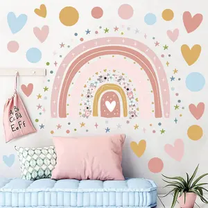 Large Rainbow Flower Wall Stickers Boho Rainbow Wall Decal Colorful Dots Hearts Stars Wall Decor DIY Vinyl Mural Art for    Bedroom Playroom Home Wall Decoration