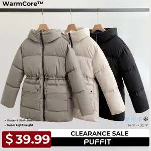 【Clearance】 PUFFIT WarmCore Premium Warmer Mid Length Waist Drawcord Premium Puffer Jacket Women Hood Winter, Ladies Outwear Coat Big Pocket with Waist Drawcord Winter Coat