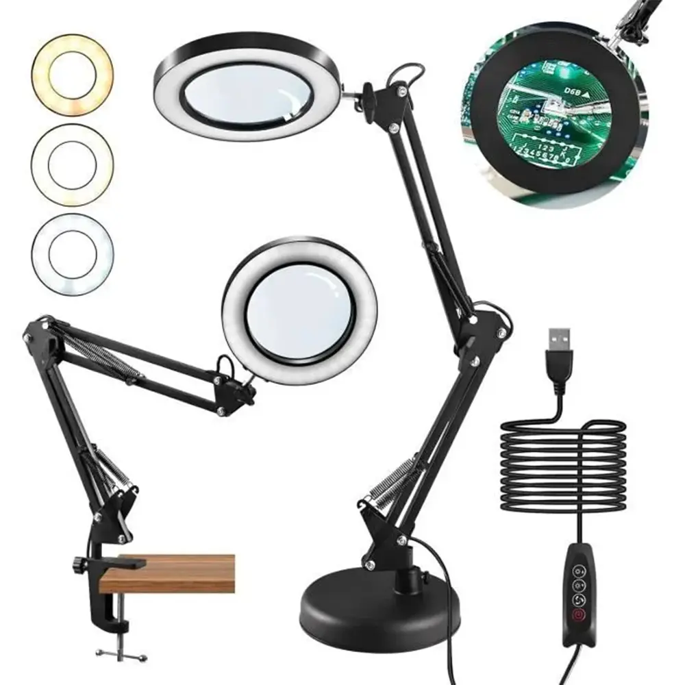 Lighted Magnifying Glass with Stand – 10X Real Glass Lens, Dimmable 3 Color Modes, 10-Level Brightness, Adjustable Swing Arm Desk Lamp with Clamp, for Craft Sewing Jewelry Repair