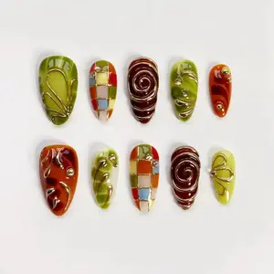 Green Plaid Nails/Spring Dreamy Press on nails long almond nails/Brown Nails/3D Gold Chrome nails/Garden Nails/Swirl nails/Custom nails