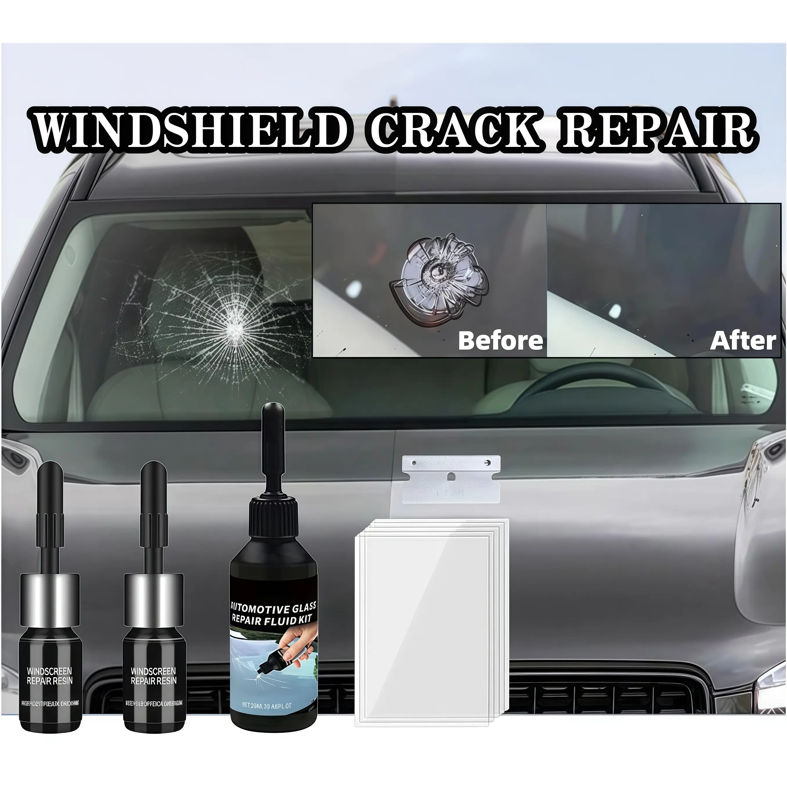 Cracked Windshield Repair Kit, Tool-Free Automotive Glass Repair Set with 2 Resin Bottles - Easy to Use, No Special Tools Required for Small Chips, Bulls-Eye, Star Breaks