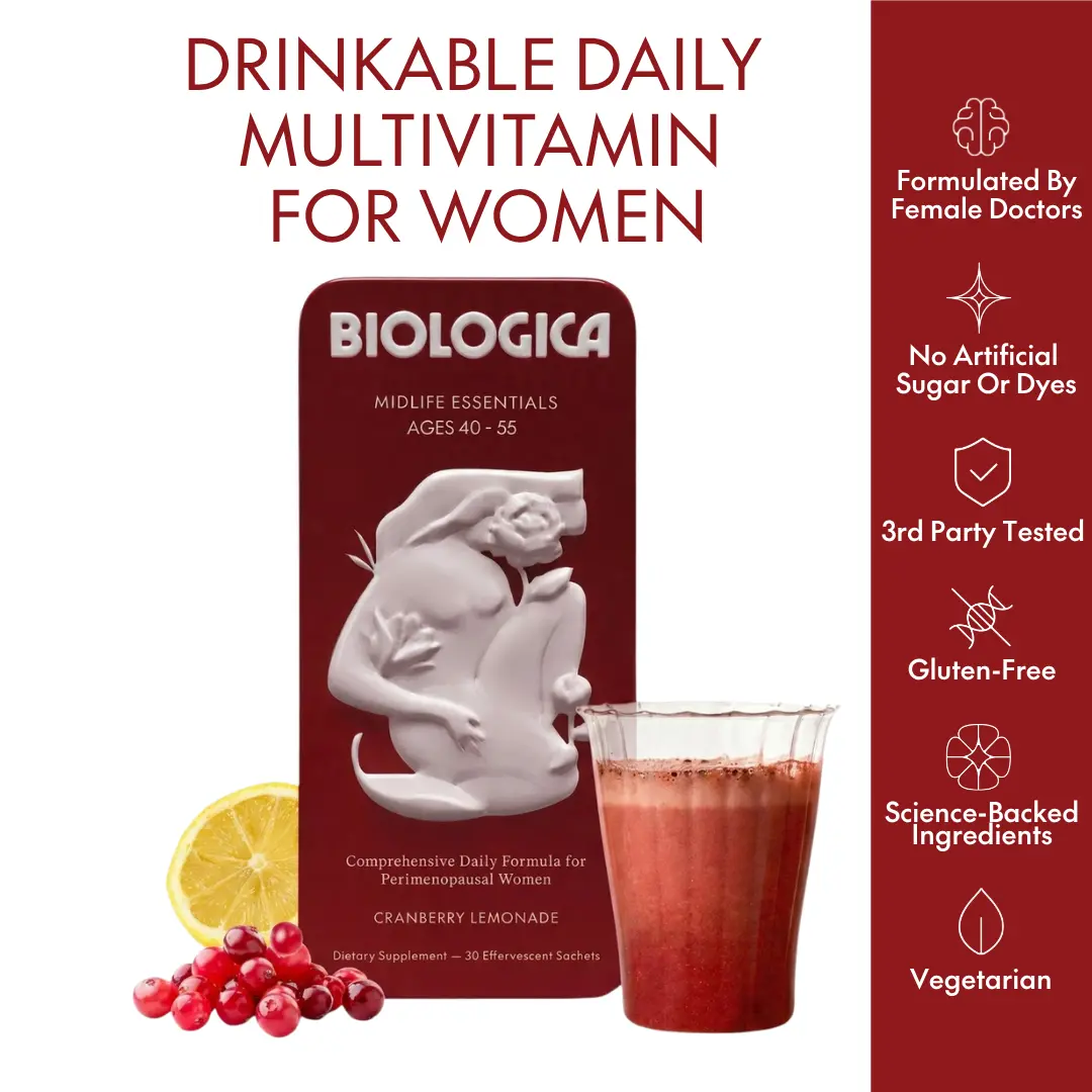 Perimenopause Supplement for Women – Biologica Midlife Essentials Effervescent Drink Mix, 30 Servings with Saffron, L-Theanine & GABA for Mood, Sleep, Focus & Stress Support, Plus Probiotics, Ages 40-55 | perimenopause vitamins | menopause support