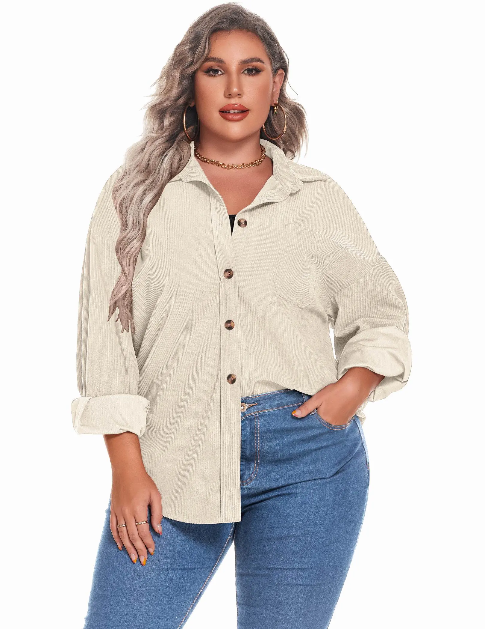 Women's Plus Size Minimalist Corduroy Shacket - Fashion Apparel, Long-Sleeve Retro Batwing Button-Down Shirts, 3/4 Sleeve Option, Soft Thin Lightweight Solid Coats, Fall Casual Oversized Loose-Fit Tops for Business Use, Lady