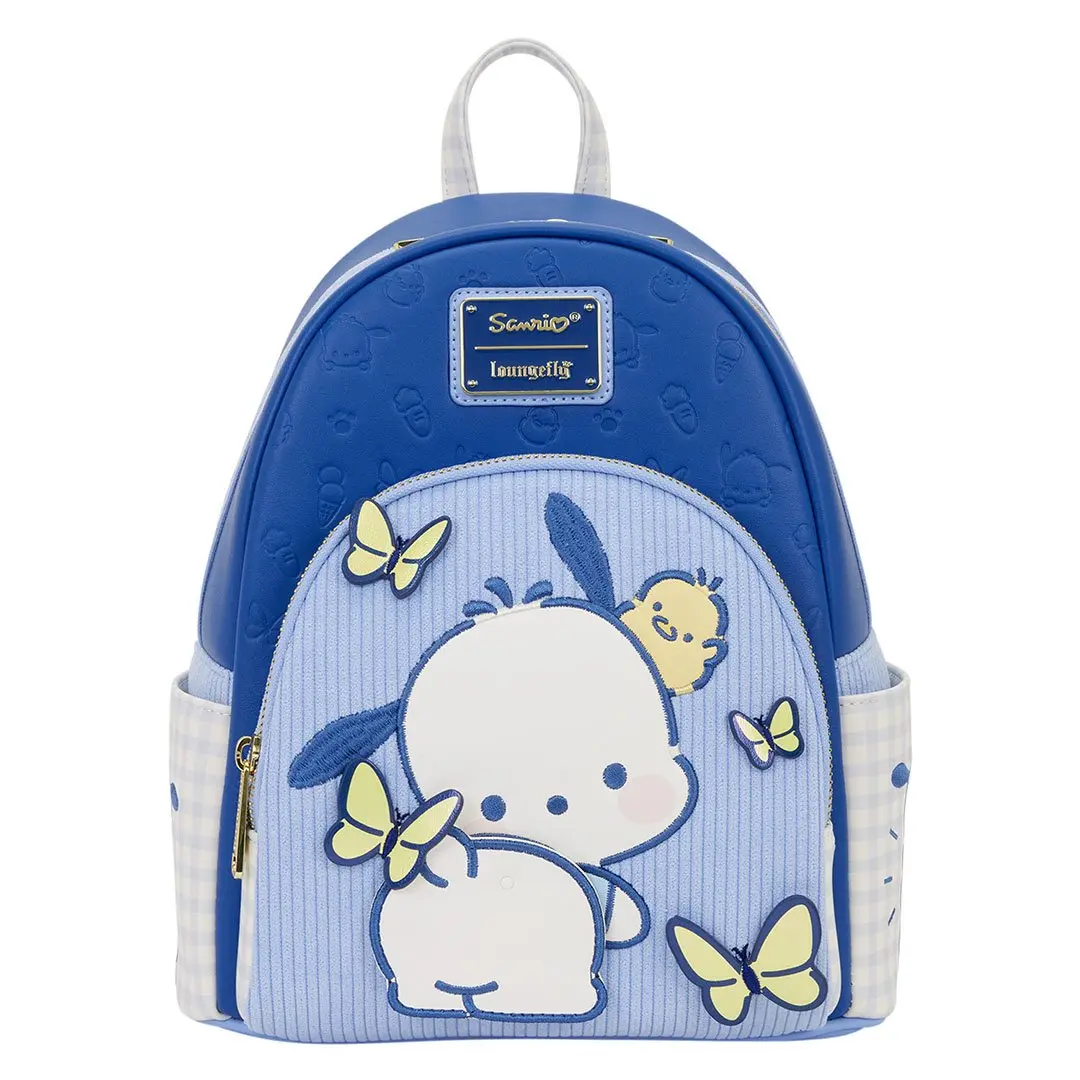 Loungefly Sanrio Pochacco Cute Gingham Mini Backpack for Women, Faux Leather with Iridescent Applique Butterflies, Cute Backpack, Daypack Purse, Collectibles, Everyday Carry, Anime Style, Adults, Adjustable Strap, Pochacco Print, Mini Backpacks
