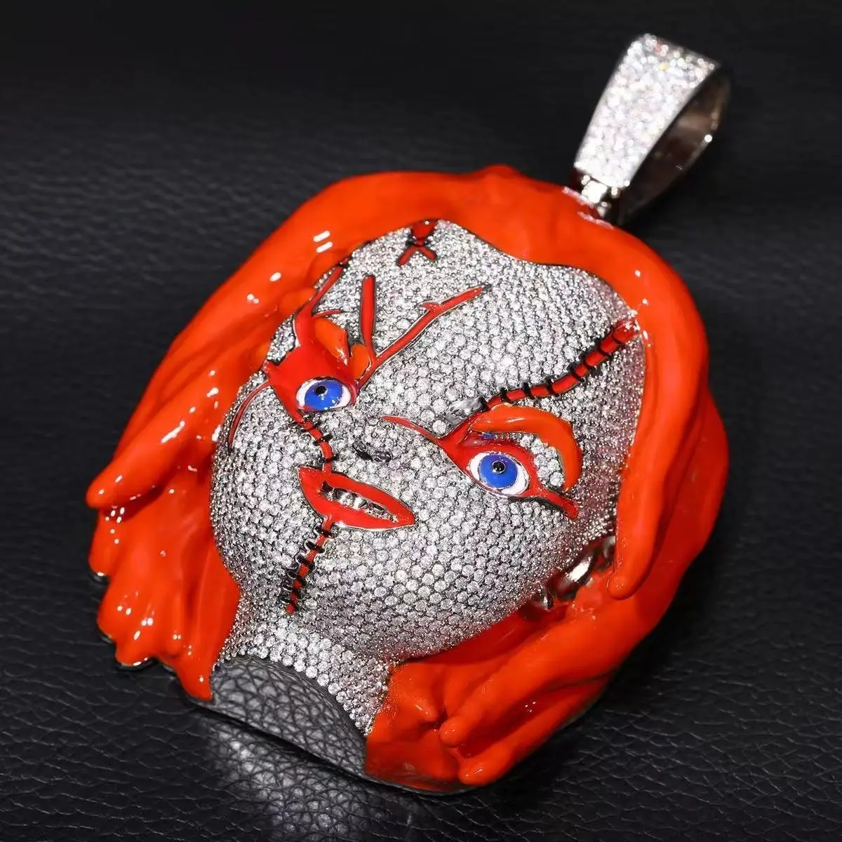 Oversize Luxurious Chucky Head Pendant Hip-hop-plated Men's Pendant with iced Large Cartoon Enamel Pendant Charm Blue Eyes Red Hair Design 7.5cm x 12cm Trendy Accessory for Bold Styles