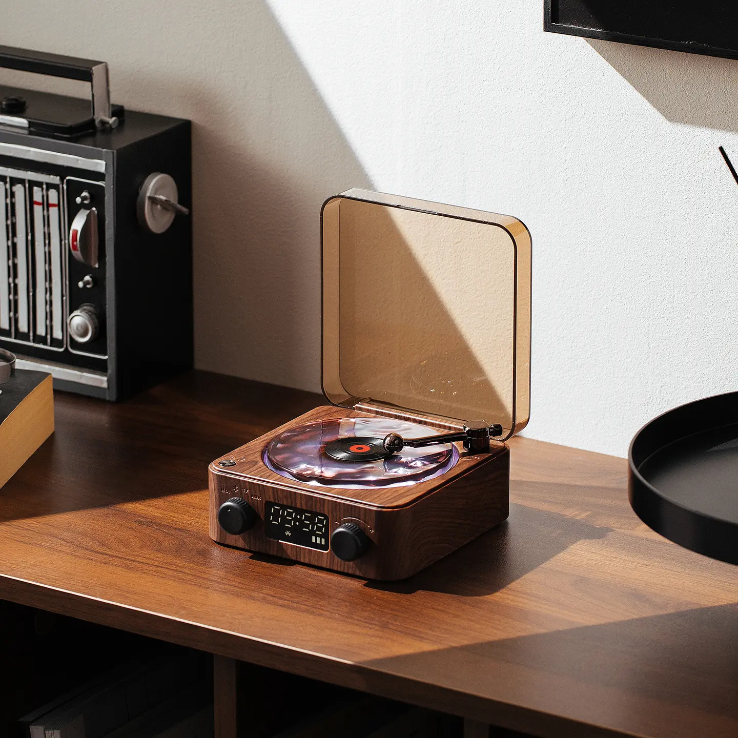 Vintage Wooden Wireless Bluetooth Speaker - Vinyl Player Function, Adjustable Vibrant Lights, 3 Natural Sound Effects & White Noise, Room Accessories for Bedroom Holiday Gifts (Bluetooth and App Compatibility Speakers), Wireless Speakers