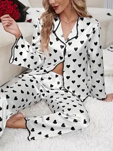 Two-Piece Set Women's Satin Heart Print Button Front Blouse & Elastic Waist Pants Pajama Set, Printed Blouse & Contrast Binding Trousers Pj Set, Fashion Long Sleeve Womenswear, Ladies Homewear Loungewear