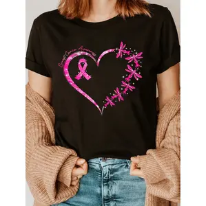 Breast Cancer Awareness Pink Heart And Dragonfly Printed T-Shirt For Women With Soft Short Sleeve Crew Neck Design Perfect For Casual Summer And Spring Wear