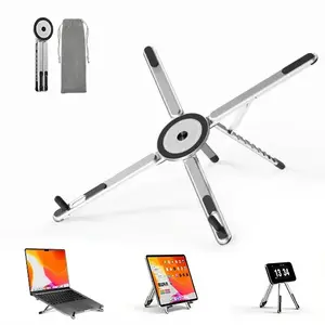 Portable Laptop Stand for Desk, Foldable Adjustable Computer Riser with Magnetic Phone Holder, Aluminum Laptop Stand for 10–16” Laptops & 4–13” Phones/Tablets