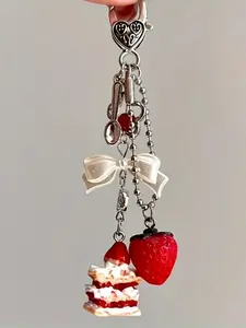 Cute Strawberry Cake Dessert Keychain, Fruit Keychain, Handmade Y2K Resin Cake Strawberry Charm Beaded Keyring for Women Creative Bow Heart Mobile Phone Lanyard Key Ring Bag Decoration Pendant Jewelry Accessories Gift