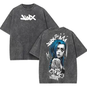 Arcane Jinx Powder Graphic Tee | Retro Vintage Washed LoL League of Legends T-Shirt | Y2K Heavyweight Cotton Gaming Streetwear Shirt Gift for Men Women