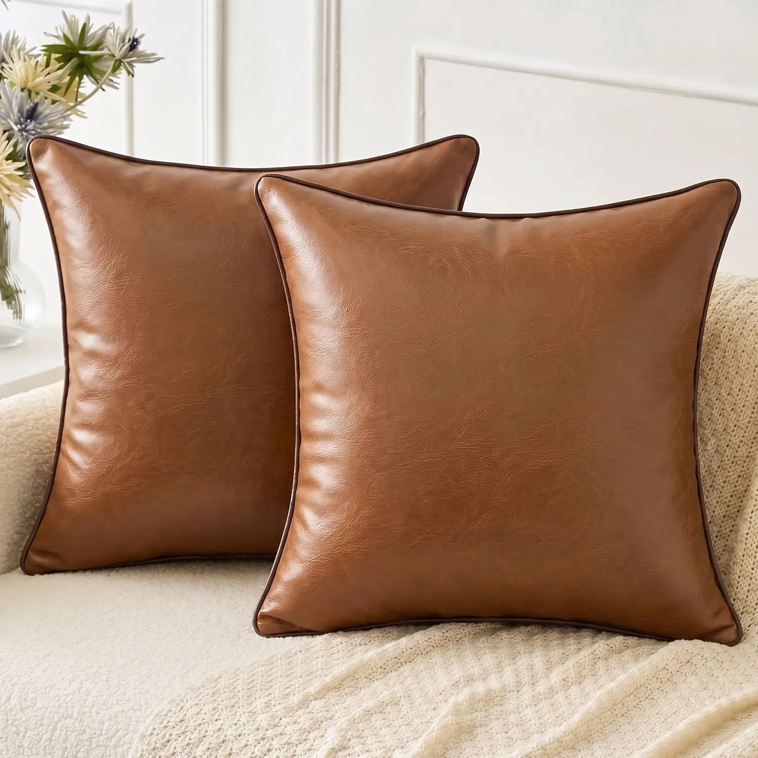 Leather Throw Pillow Covers,Waterproof Pet Friendly  Scratch-resistant Set of 2 Luxury Modern Pillowcases Solid Decorative Square Cushion Cases for Bedroom Living Room Couch Bed Sofa Home Goods