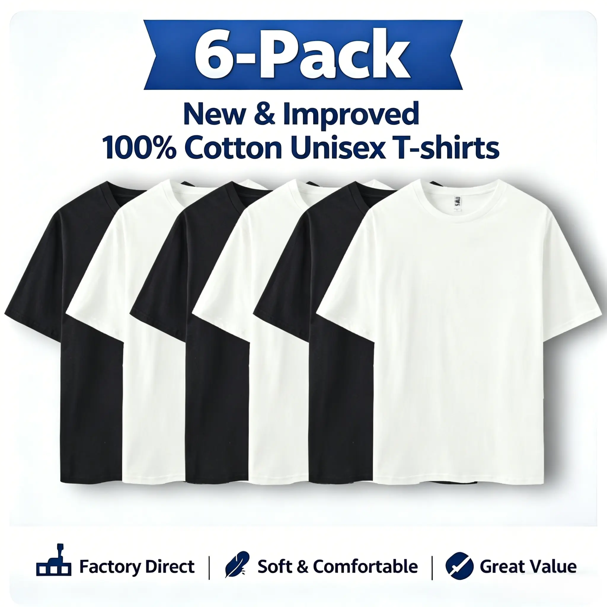 ECOTONE BLANKS Men's 4.3 oz Plain Cotton Round Neck Shortsleeve T-Shirt 6-Pack, Classic Black & White, Factory Direct, Soft Breathable Smooth Fabric, Regular Fit Streetwear Tropical Fashion Clothing, Durable Hem Stitch, Basic Tops, Flexible, Self-Taped