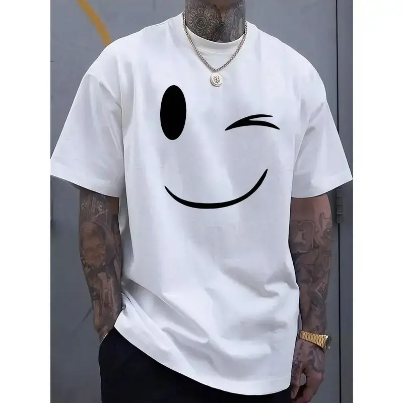 Unisex 100% Cotton Happy Face Graphic Print Short-Sleeve T-Shirt, Round-Neck, Breathable Lightweight Soft Streetwear, All Seasons Sports Top for Casual Daily Activewear, Shortsleeve, Tshirt, Relaxed Cut, Cold Wash, Multi-Size, Crew Neck, Breathable Fabric
