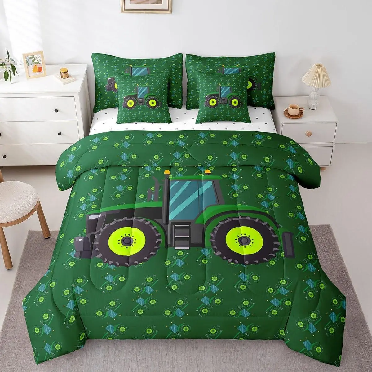 7 Pcs Bed in A Bag Tractor Comforter Set,Green Equipment Trucks Comforter and Sheet Set,Construction Excavator Cartoon Cars Farm Car Soft Microfiber Bedding Set