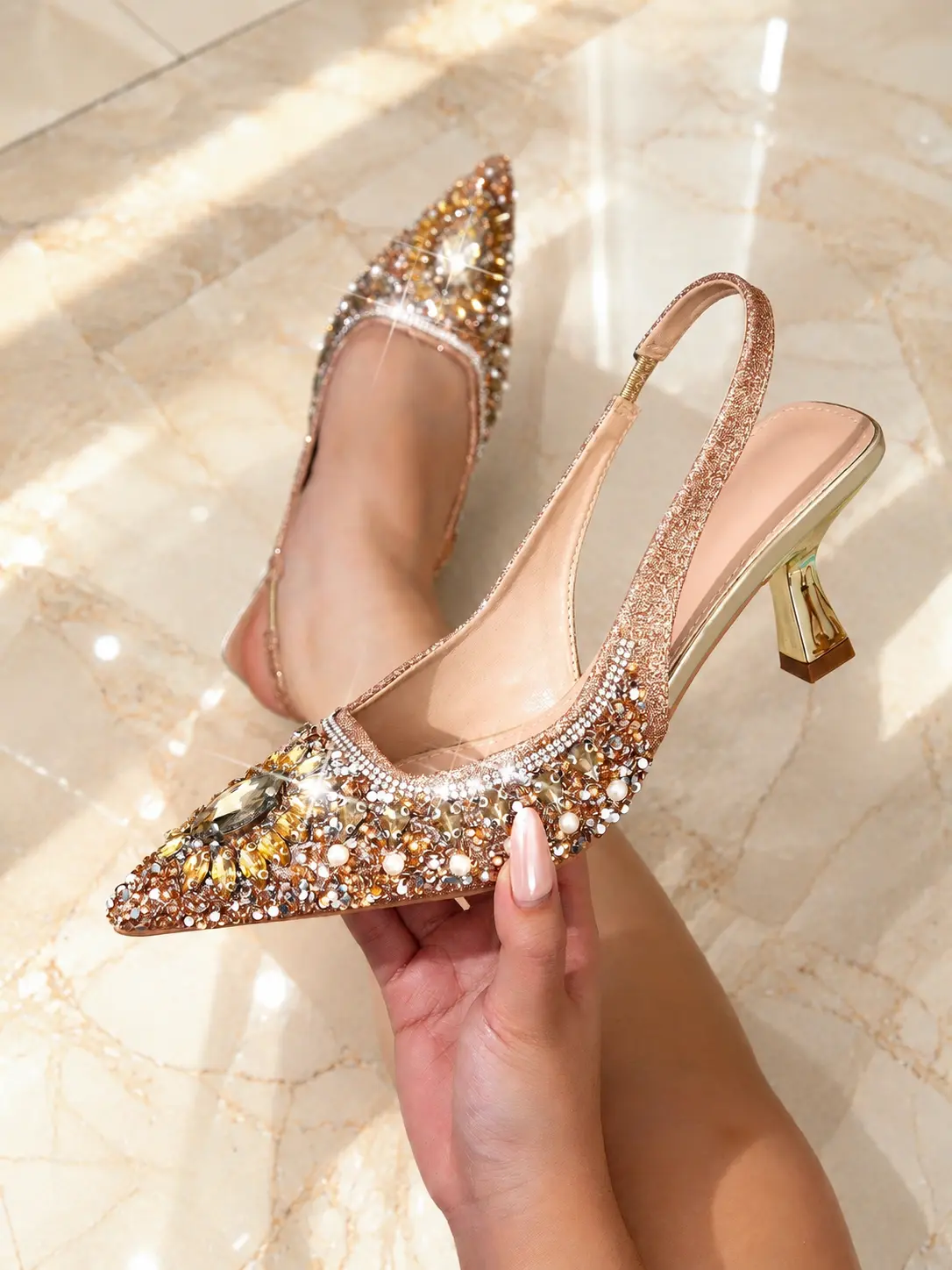 Luxury Crystal Pearl Pointed Toe Slingback Heels for Women, Electroplated Sculpted Heel, Elastic Back Strap, Sparkly Dress Pumps for Wedding, Party, Date Night & Evening Elegant Footwear Girl Classy Nail