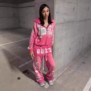 2026 Hooded Sweatshirt Set Fashion Casual Long Pants Printed Hip Hop Rock Unisex Sweatshirt Jacket(Sheets)