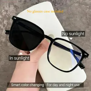 Unisex Photochromic Blue Light Glasses, Trendy Thick Square Black Frame Eyewear, Auto Color Changing Myopia Friendly Shades, Slim Face Flattering Design, Daily Anti-Eye Strain Eyeglasses for Office, Study & Outdoor Use