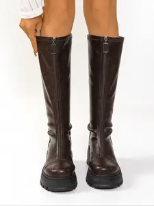 Women's Multi-Color Leather Knee-High Boots, Casual Stylish Round-Toe, Comfortable Chunky Platform Heel, Side Zipper Design, Versatile for Daily Wear, Trendy Women's Footwear, Boot Heels, Elegant Boots