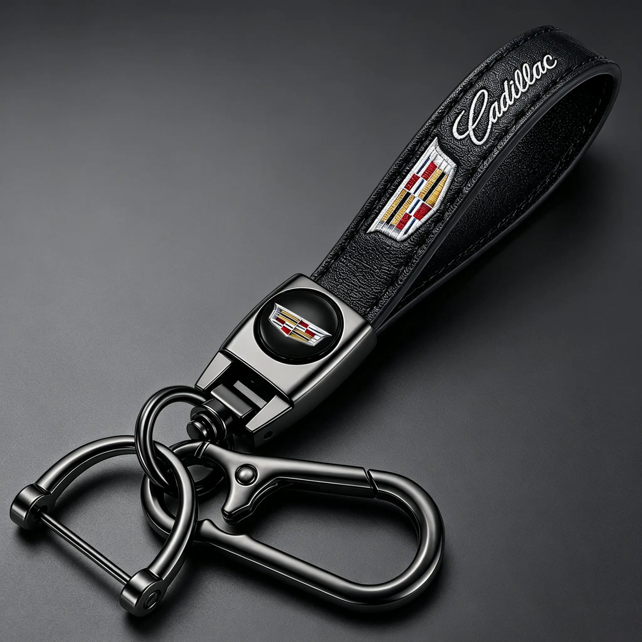 Genuine Leather Car Keychain Fit for Cadillac Escalade CT4 CT5 CT6 ATS CTS SRX XT5, Wristlet Key Ring Anti-Lost Key Fob Holder, Luxury Auto Key Accessories for Men Women, Family Holiday Birthday Gift Black Car Keychain Set zinc alloy key