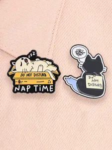 2pcs/set Cute Cat Enamel Pins Funny Quotes Don't Disturb Nap Time Kawaii Cat in Cardboard Box Emo Kitten Animal Alloy Brooches Lapel Backpack Badge Fashion Jewelry Accessories Gifts for Friends