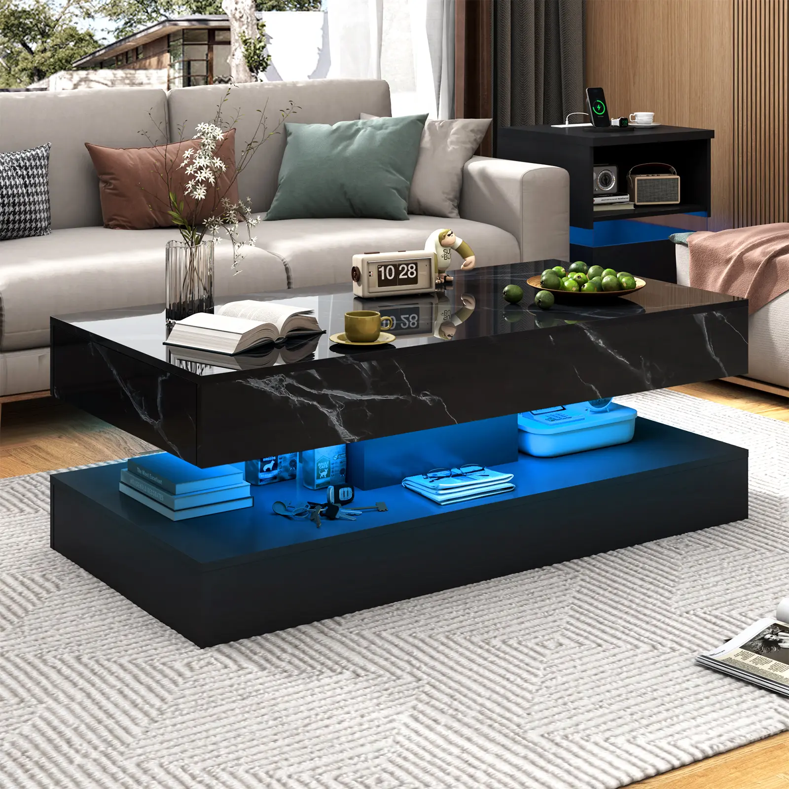 LED Coffee Table with Storage Drawers Modern High Gloss Black 20-Color LED Lights 2 Tiers Rectangle for Living Room Marbling Print APP Control Black/White Futuristic Design Apartment Furniture Home Decor