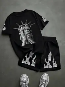 Liberty Statue Fun Print Short Sleeve Shorts Set, Streetwear Casual, Men's & Women's Home Wear, Comfortable Breathable