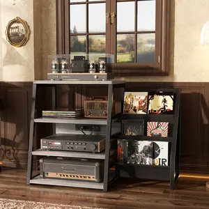 4-Tier Record Player Stand with Vinyl Record Storage, Turntable Stand with LED Light ＆ Charging Station, Record Player Table, Media Console for Stereo